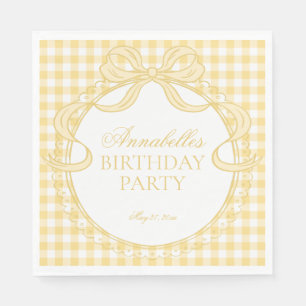 Yellow Gingham Coquette Bow Birthday Party Dessert Napkins