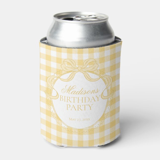 Yellow Gingham Coquette Bow Birthday Party Favor Can Cooler (Can Front)