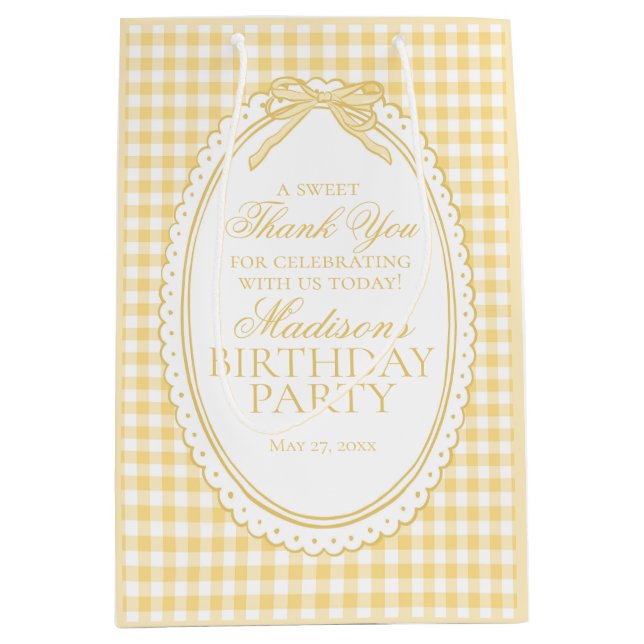 Yellow Gingham Coquette Bow Birthday Party Favors Medium Gift Bag (Front)