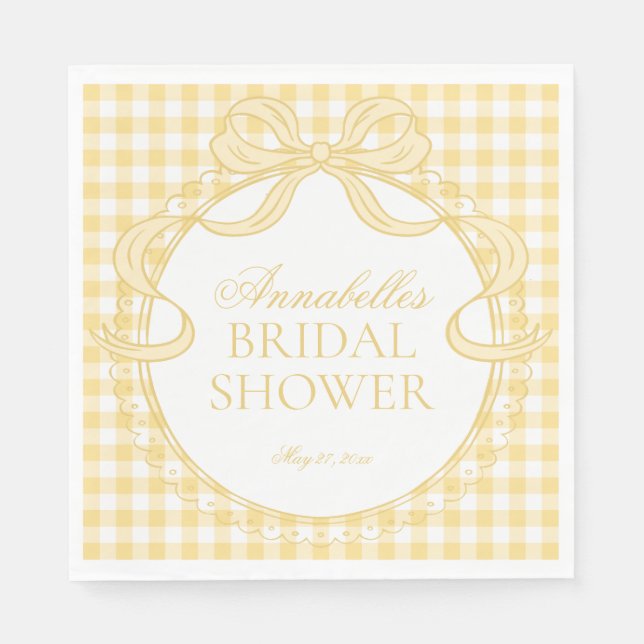 Yellow Gingham Coquette Bow Bridal Shower Dessert Napkins (Front)