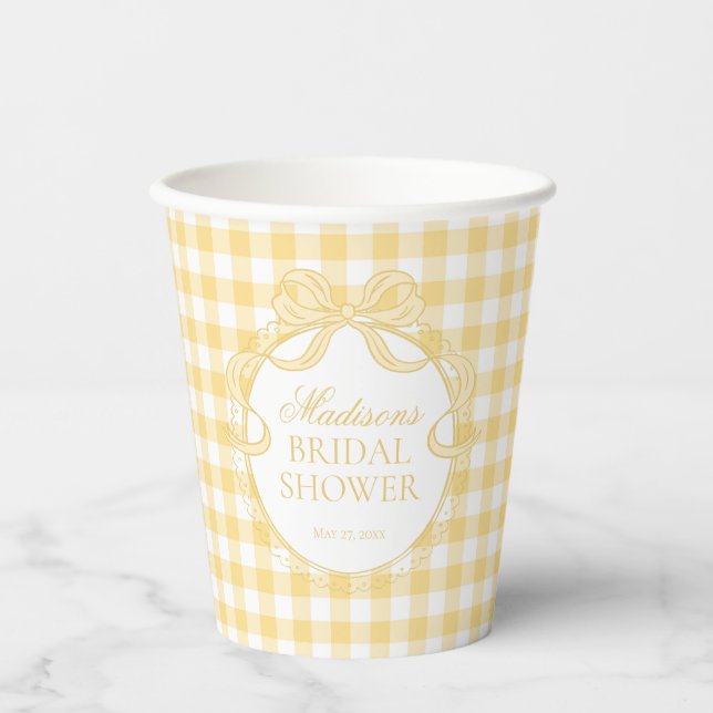 Yellow Gingham Coquette Bow Bridal Shower Paper Cups (Front)