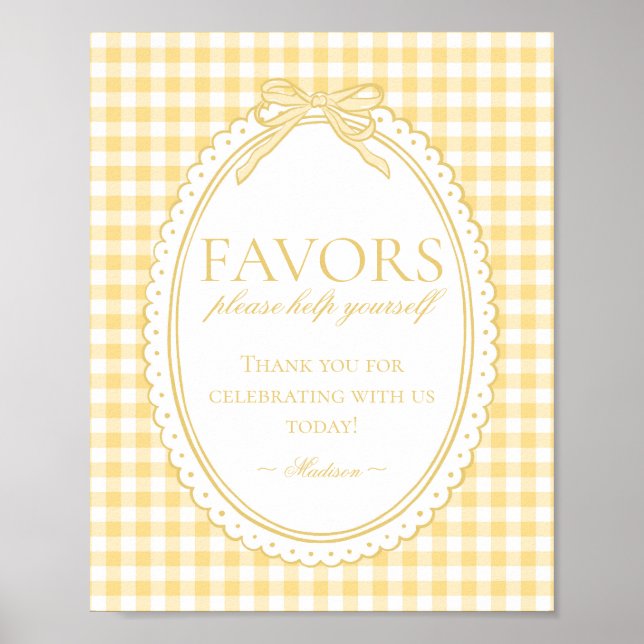 Yellow Gingham Coquette Bow Favors Sign (Front)