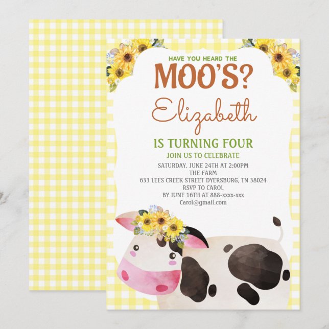 Yellow Gingham Cow Birthday Farm Animals Barnyard Invitation (Front/Back)