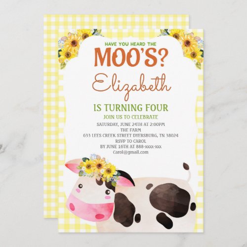 Yellow Gingham Cow Birthday Farm Animals Barnyard Invitation