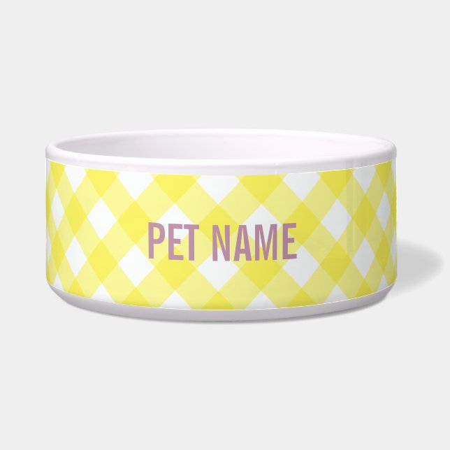 Yellow Gingham Custom Name Pet - Personalized Bowl (Front)