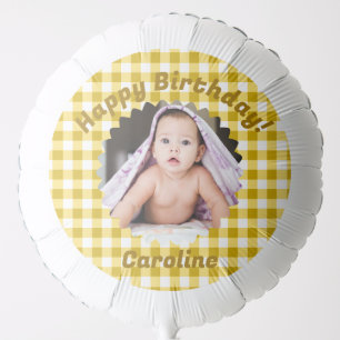 Yellow Gingham Custom Photo Happy Birthday Balloon