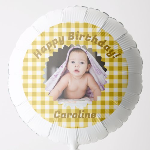 Yellow Gingham Custom Photo Happy Birthday Balloon
