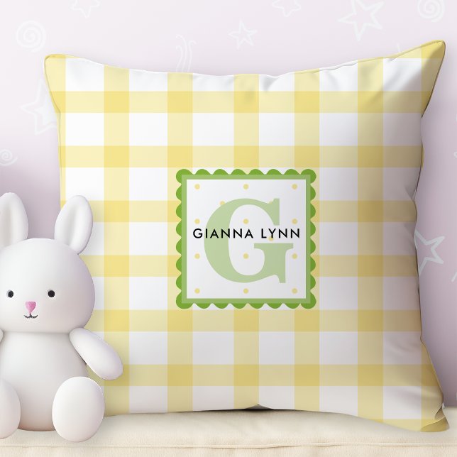 Yellow Gingham Customizable Monogram Throw Pillow (Creator Uploaded)