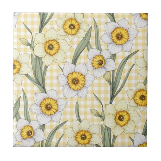 Yellow Gingham Daffodil Botanical Floral Pattern Ceramic Tile (Front)