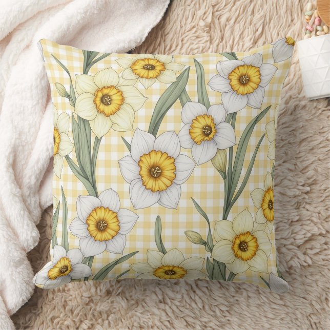 Yellow Gingham Daffodil Botanical Floral Pattern Throw Pillow (Blanket)