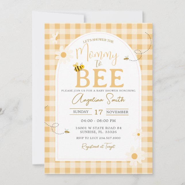 Yellow Gingham Daisy Bee Mommy To Bee Baby Shower Invitation (Front)