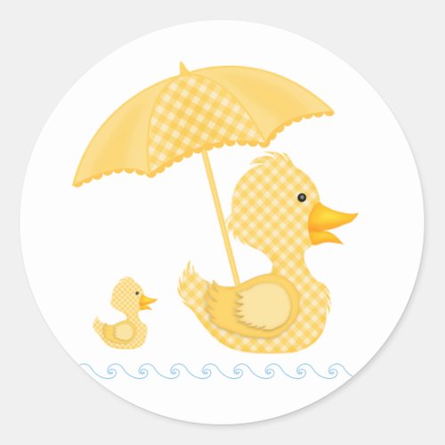 Yellow Gingham Duck Baby Shower Classic Round Sticker