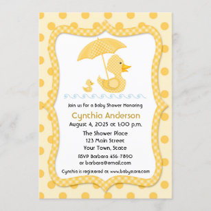 Yellow Gingham Duck with Umbrella, Baby Shower Invitation
