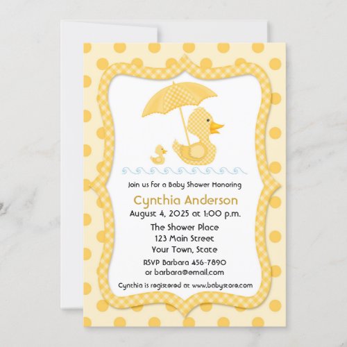 Yellow Gingham Duck with Umbrella Baby Shower Invitation