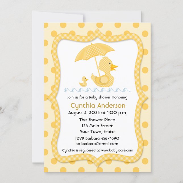 Yellow Gingham Duck with Umbrella, Baby Shower Invitation (Front)