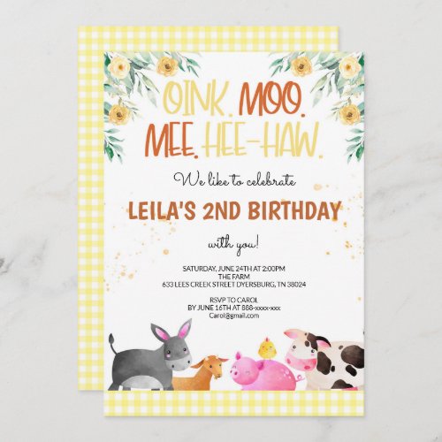 Yellow Gingham Farm Animals Girl Birthday Barnyard Invitation