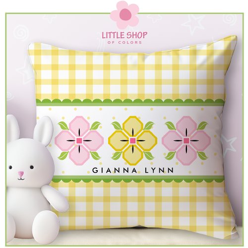 Yellow Gingham Floral Monogram Throw Pillow