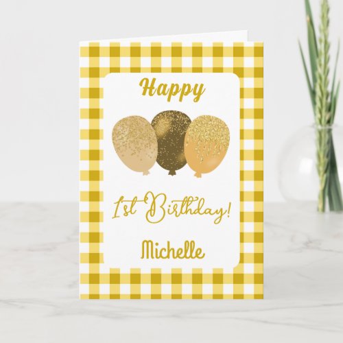 Yellow Gingham  Glitter Balloons 1st Birthday Card