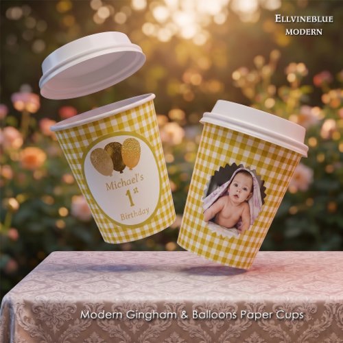 Yellow Gingham Glitter Balloons & Photo Birthday Paper Cups