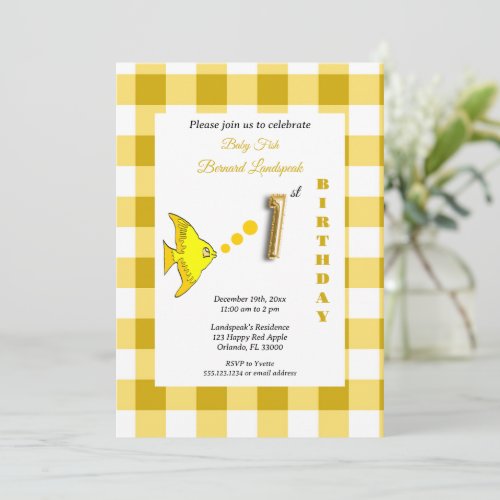 Yellow Gingham Gold Foil Balloon Fish 1st Birthday Invitation
