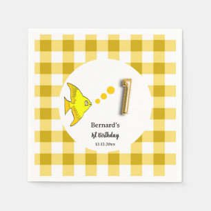 Yellow Gingham Gold Foil Balloon Fish 1st Birthday Napkins