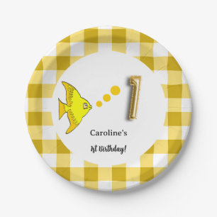 Yellow Gingham Gold Foil Balloon Fish 1st Birthday Paper Plates