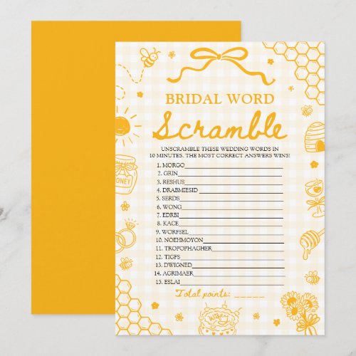 Yellow Gingham Honey Bee Bridal Word Scramble Game Invitation