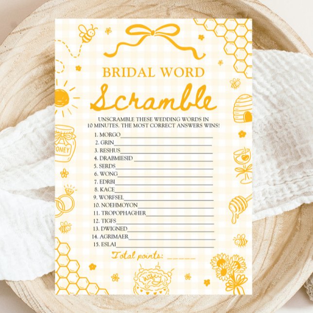 Yellow Gingham Honey Bee Bridal Word Scramble Game Invitation (Yellow Gingham Honey Bee Bridal Word Scramble Game)