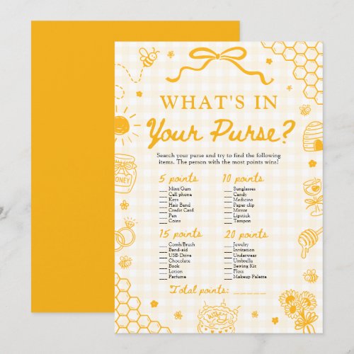 Yellow Gingham Honey Bee What's In Your Purse Game Invitation