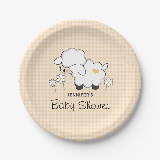 Yellow Gingham Lamb Baby Shower Paper Plates (Front)