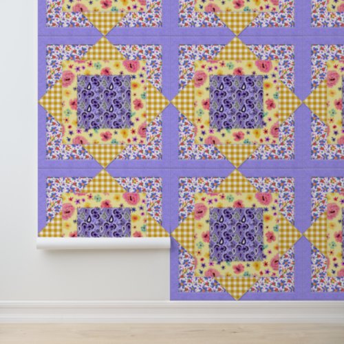 Yellow Gingham Lavender Quilted Cottage Style Wallpaper