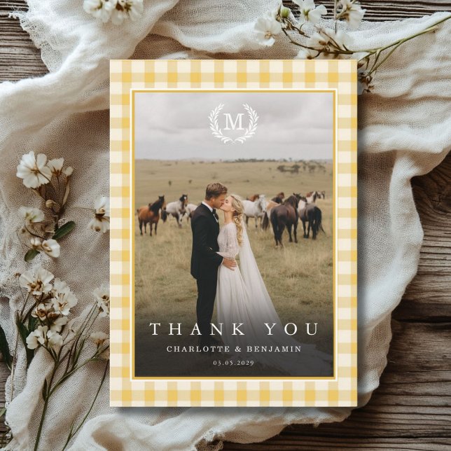 Yellow Gingham Monogram Crest 2 Photo  Thank You Card (Yellow Gingham Monogram Crest 2 Photo Thank You Card)
