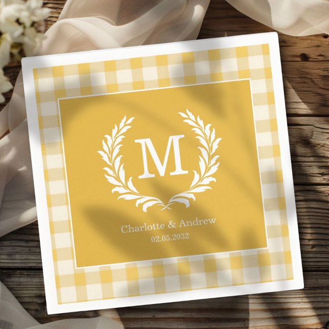 Yellow Gingham Monogram Crest Custom Napkins (Yellow Gingham Monogram Crest Custom Napkins with your Monogram, names and Date.)