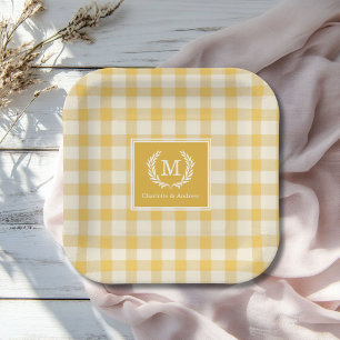 Yellow Gingham Monogram Crest Custom Paper Plates