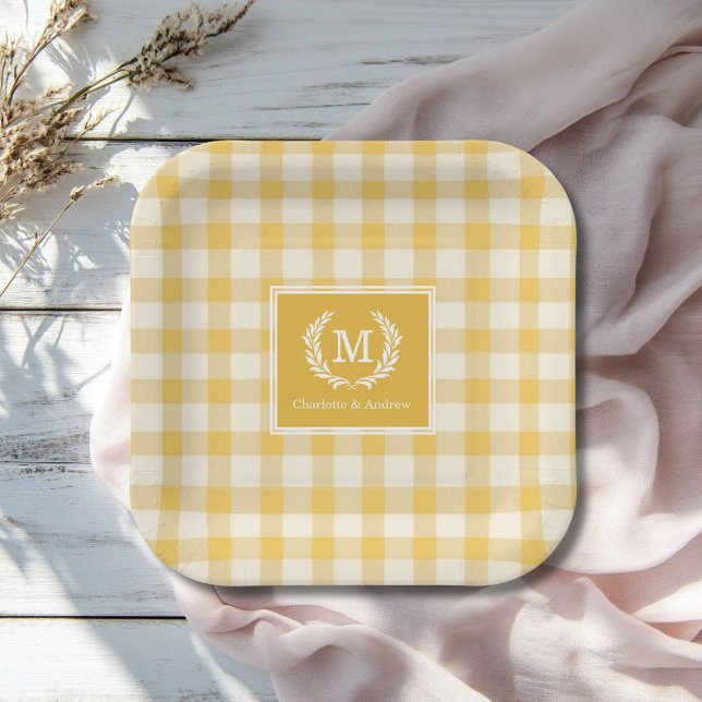 Yellow Gingham Monogram Crest Custom Paper Plates (Yellow Gingham Monogram Crest Custom Paper Plates with your Monogram and Names.)