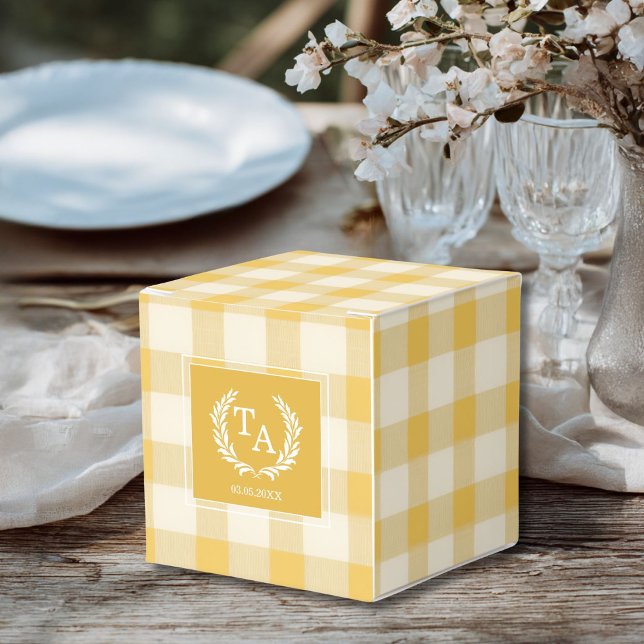 Yellow Gingham Monogram Crest Favor Boxes (Custom Yellow Gingham Monogram Crest Favor Boxes for your wedding or other Occasions.)