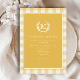 Yellow Gingham Monogram Crest Invitation