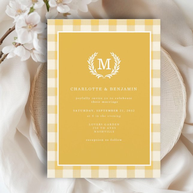 Yellow Gingham Monogram Crest  Invitation (Yellow Gingham Monogram Crest Invitation)