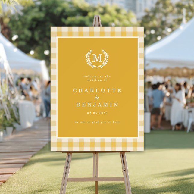 Yellow Gingham Monogram Crest Wedding Welcome Foam Board (Yellow Gingham Monogram Crest Wedding Welcome Foam Board)