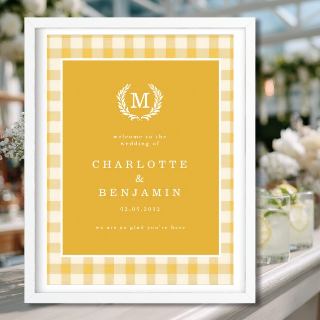 Yellow Gingham Monogram Crest Wedding Welcome Poster (Yellow Gingham Monogram Crest Wedding Welcome Poster)