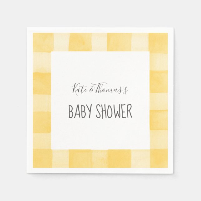 Yellow Gingham Neutral Picnic Baby Shower Napkins (Front)