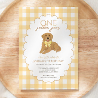 Yellow Gingham One Golden Year 1st Birthday Puppy Invitation