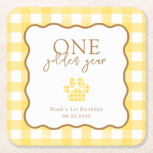 Yellow Gingham One Golden Year First Birthday Square Paper Coaster (Front)