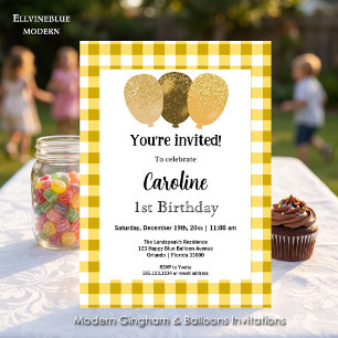 Yellow Gingham, Party Balloons 1st Birthday Invitation