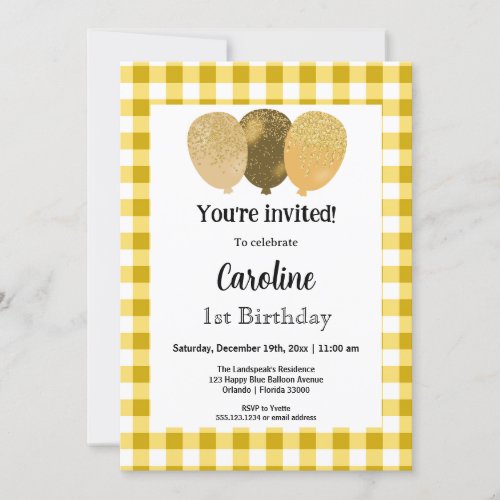 Yellow Gingham Party Balloons 1st Birthday Invitation