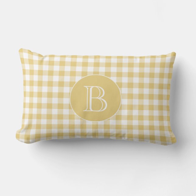 Yellow Gingham Pattern Custom Monogram Lumbar Pillow (Front)