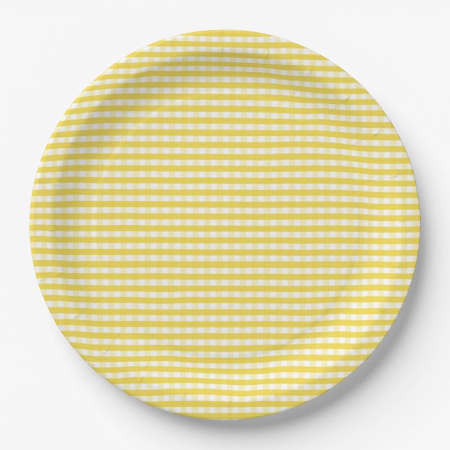 Yellow Gingham Pattern Paper Plates (Front)
