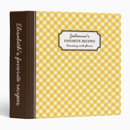 Yellow gingham pattern personalized recipe book binder