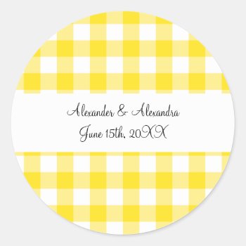 Yellow Gingham Pattern Wedding Favors Classic Round Sticker by Brothergravydesigns at Zazzle