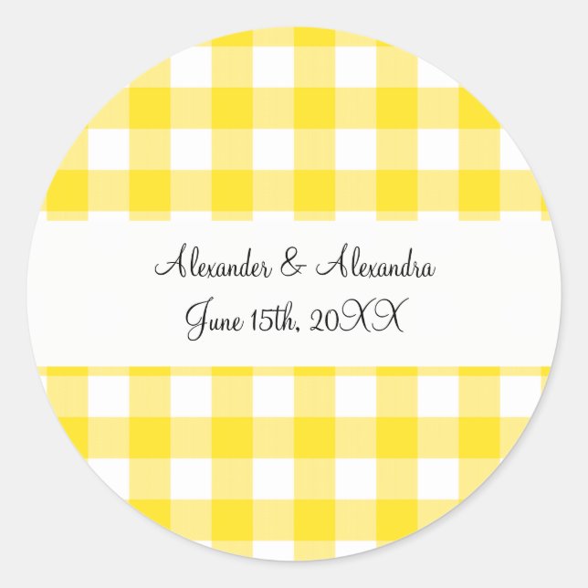 Yellow gingham pattern wedding favors classic round sticker (Front)